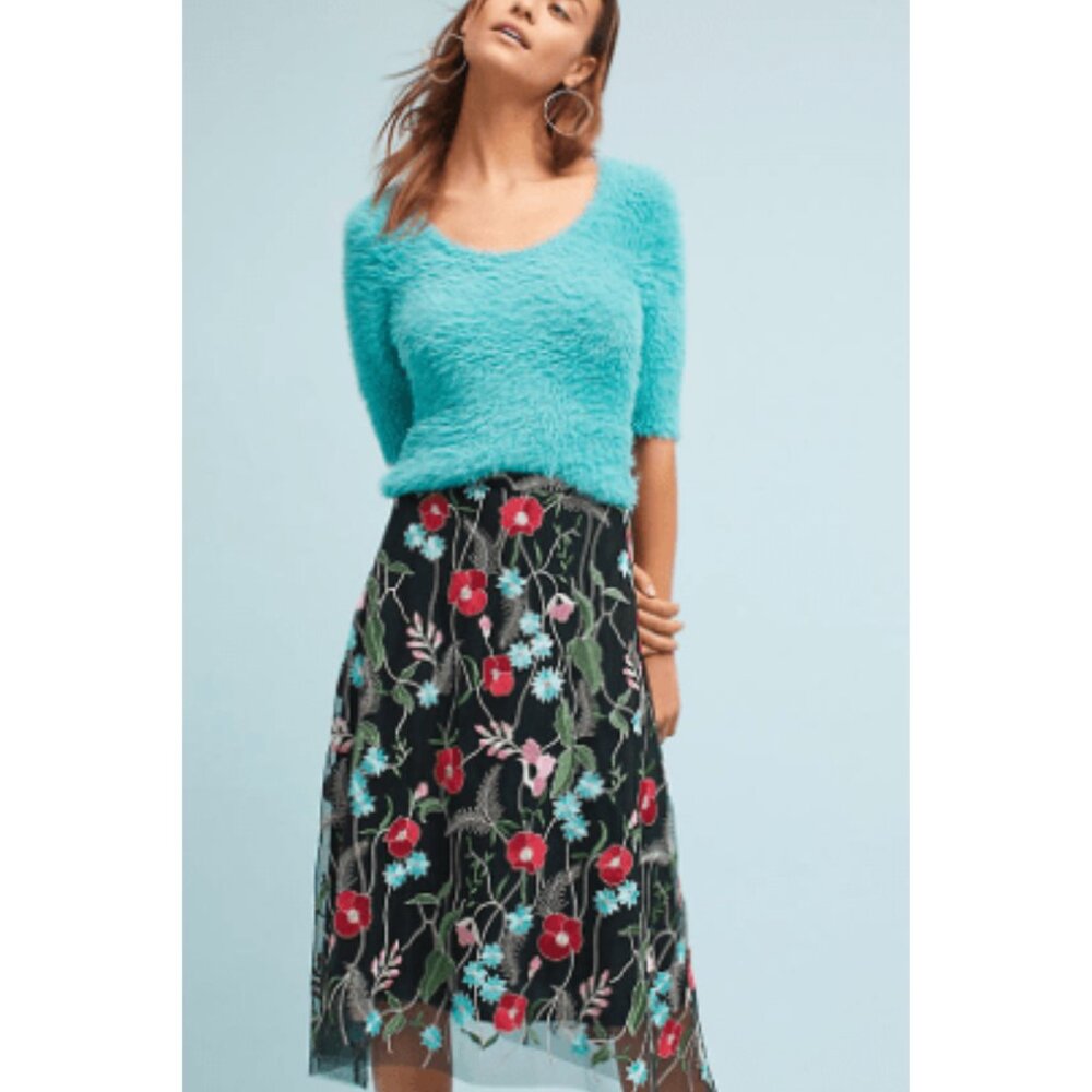 Anthropologie Eva Franco Embroidered Floral Mesh Black Midi Skirt NWT - Picture 1 of 3
